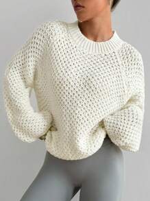 SHEIN Unity 1pc Women Versatile Solid Color Raglan Sleeve Sweater, Autumn/Winter Knit Pullover Fall Outfit - White - View 6