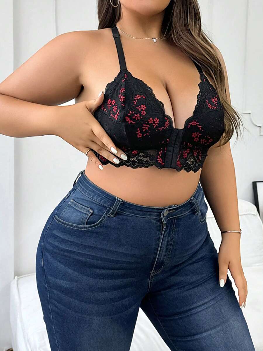 Plus Size Elegant Series Lace Unlined Bra - Black - View 1