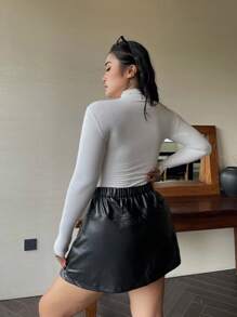 Flirla Chân váy nữ cỡ lớn màu đen đơn giản, đa năng, chất liệu da PU. - màu đen - Xem 2