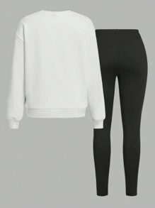 Slaydiva Bộ 2 áo nỉ dài tay cổ tròn in chữ "MILANO" phong cách tối giản thường ngày và quần legging bó - Nhiều màu - Xem 3