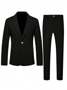 Manfinity Mode Traje de dos piezas para hombre compuesto por chaqueta con bolsillo con parche de unicolor y pantalones, Traje de hombre color rosa, Traje rosa para hombre, Traje de hombre, Traje de boda para hombre - Negro - Ver 3