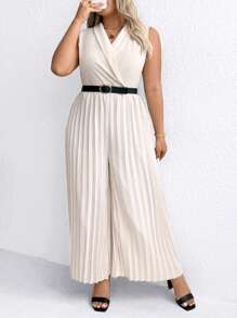 SHEIN Clasi Jumpsuit Kasual Tanpa Lengan Warna Polos Ukuran Besar - Aprikot - View 3
