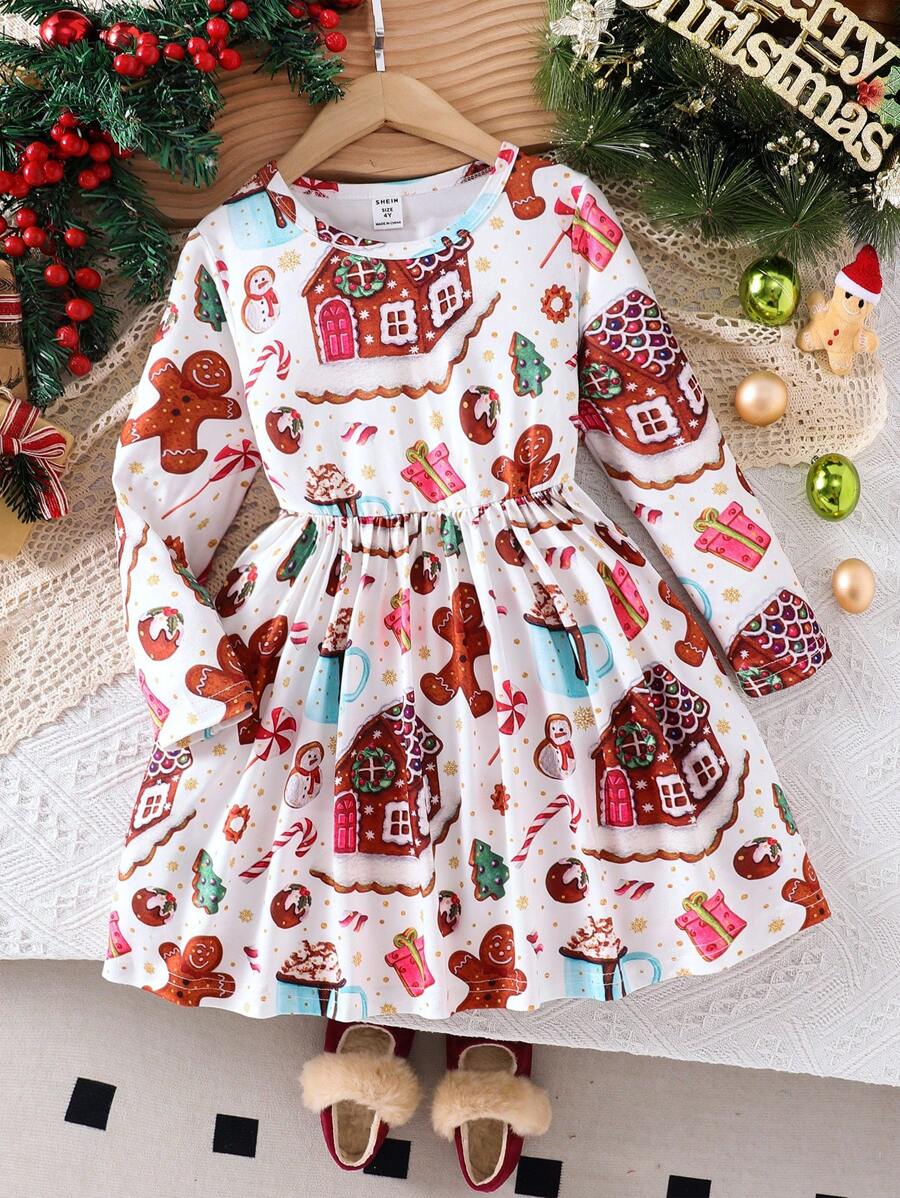年轻女孩圣诞饼干男孩和姜饼屋印花收腰连衣裙，圣诞礼物装 - 彩色 - 查看 1