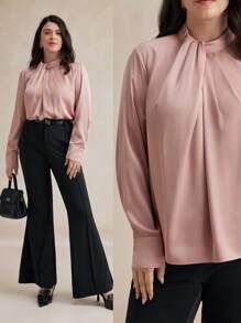 BizChic Plus Size Solid Color Woven Stand Collar Long Sleeve Casual Shirt Fall Women Outfits Winter Women Clothes