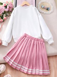Set de 2 piezas con sudadera estampada de gato lindo y minifalda plisada para niña preadolescente