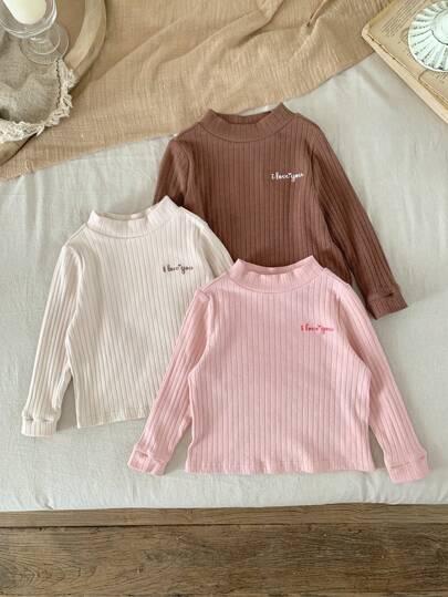 SHEIN LMoss Kids LMoss Baby Girl 3pcs/Set Baby Girl Cute Knitted Elastic Letter Embroidery Pattern Long Sleeve Tops For Autumn/Winter