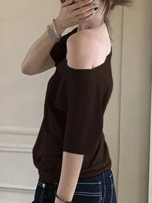 INAWLY 1 Áo thun nữ tay ngắn cổ tròn đơn giản không đối xứng - Màu nâu Sô-cô-la - Xem 2