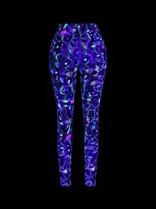 SHEIN Unity 女式弹力时尚夜光蘑菇印花紧身裤，秋季 - 彩色 - 查看 2