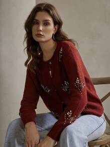 Anewsta Women's Autumn Long Sleeve Hand-Embroidered Diamond Decorated Knit Cardigan For New Year Clothes