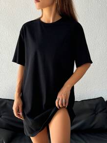 SHEIN EZwear Casual Loose Round Neck Short Sleeve Short Women's Summer Dress,Dresses For Women Summer Suitable For Going Out Chic Dress - Black - View 4