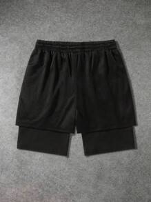 Manfinity EMRG 男士字母和十字印花抽绳腰双层短裤 - 黑色 - 查看 2