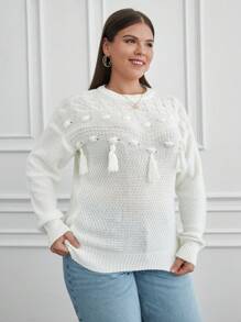 RueChic Plus Cable Knit Tassel Crochet Detail Regular Fit Sweater - Black and White - View 4