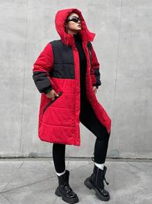 Flirla Abrigo acolchado sin mangas con capucha, bolsillo con parche y contraste de color, ropa de invierno de talla grande - Rojo - Ver 6
