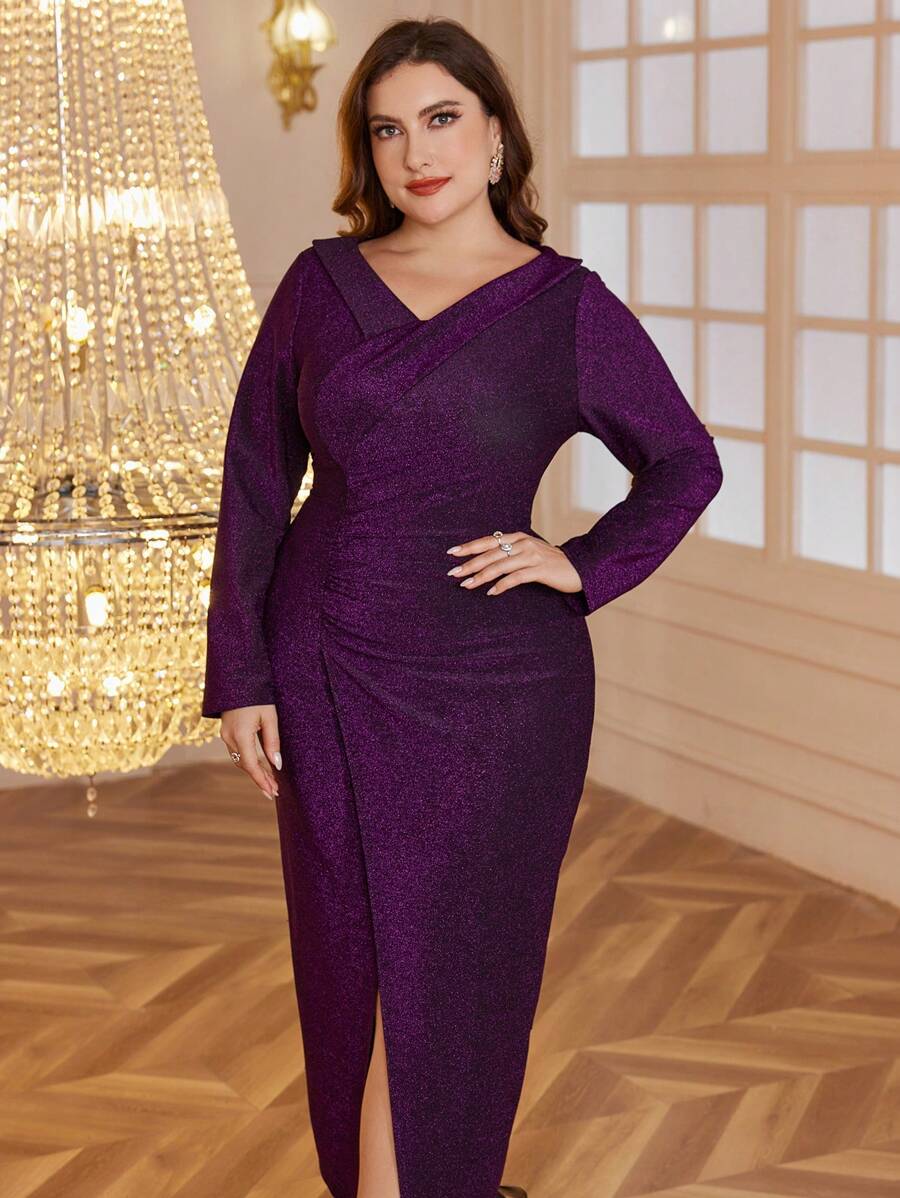 Modelyn Plus Size Elegant Shiny Wrap Fitted Dress, Autumn - Purple - View 1