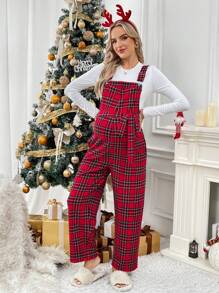 SHEIN Bộ đồ liền quần in họa tiết kẻ caro cho bà bầu không có áo - Đỏ - Xem 4