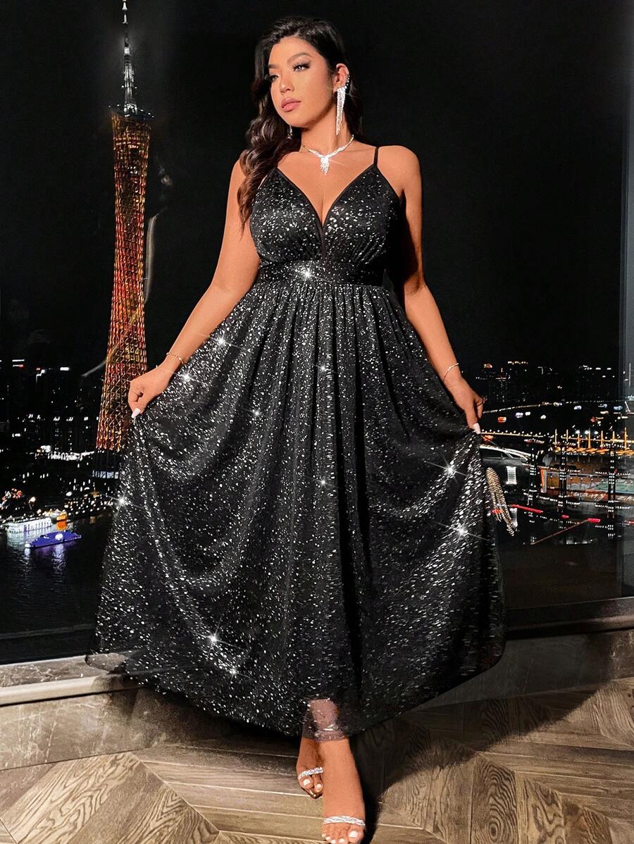 Plus Size Women Sequin Decor Spaghetti Strap Dress Party - Black - View 1
