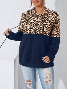 SHEIN LUNE Plus Leopard Print Drop Shoulder Drawstring Hoodie Sweatshirt - Navy Blue - View 7