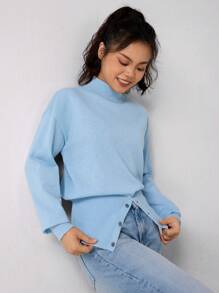 Teen Girl Solid Color Stand Collar Slit Casual Long Sleeve Pullover Sweater, Suitable For Gatherings In Autumn/Winter - Baby Blue - View 1