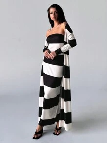 Aloruh Conjunto de 2 piezas para mujer de otoño: Elegante vestido tubo de bloques de color con rayas y chaqueta larga. Un conjunto de 2 piezas para el tiempo libre y la comodidad en el hogar de la mujer, y un sencillo conjunto de vestido para ir al trabajo con rayas en blanco y negro