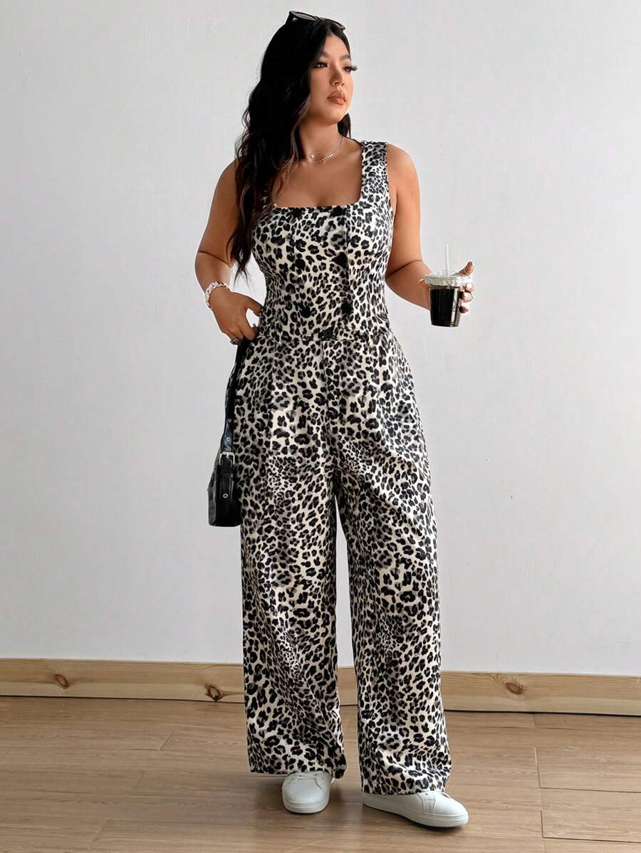 Flirla Plus Size Sleeveless Leopard Print Cardigan & Pants 2pcs Suit Set, For Casual, Work Or Party Occasions In Autumn/Winter - Multicolor - View 1