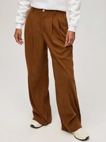 SHEIN BASICS Women Casual Solid Color Woven Loose Fit Pants With Pockets - Coffee Brown - View 7