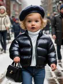 SHEIN 女宝宝可爱百搭保暖纯色羊毛外套，秋冬 - 黑色 - 查看 1