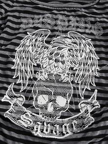 ROMWE Grunge Punk Grunge Style Punk Retro Striped Print Rhinestone Decor Off-Shoulder Long Sleeve Women T-Shirt - Multicolor - View 3