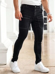 Manfinity Homme 男式休闲撞色针脚贴袋紧身牛仔裤 - 黑色 - 查看 5