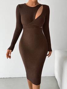 Chiquease Vestido suéter casual de outono e inverno com decote em V e mangas compridas - Castanho Café - Ver 5