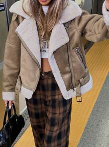 GENKIRA 新品女士冬季蓬松夹克，时尚绒面革机车外套，街头风格潮流仿皮飞行员夹克，带博格衬里 - 棕色 - 查看 1