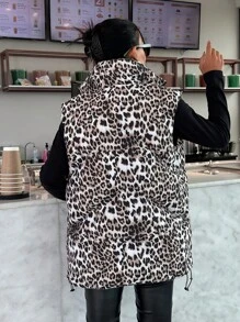 EURMUSE LEOPARD PRINT ZIP UP ELASTICAL WAIST SLEEVELESS Padded Coat - White - View 2