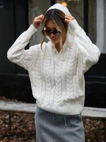 GENKIRA Suéter de punto grueso con cuello polo con capucha, bloque de color y botón de cuarto para ir al trabajo y uso casual, suéter de punto de otoño e invierno - Beis - Ver 5