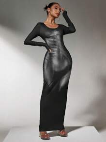 SHEIN SXY Wide Crew Neck Long Sleeve Form Fitting Holiday Glossy Banquet Dinner Elegant Gorgeous Women Long Dress