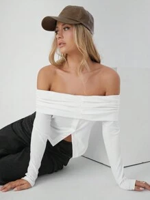 SHEIN EZwear Women's Bamboo Fiber Solid Color Off Shoulder Top - White - View 8