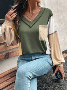 SHEIN Unity 女士纯色拼接 V 领长袖口袋休闲 T 恤 - 綠色 - 查看 5