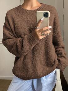DAZY 1pc Women Solid Color Loose Round Neck Long Sleeve Sweater,Fall Women Clothes - Chocolate Brown - View 6