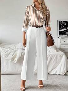 EMERY ROSE Áo sơ mi kẻ sọc cổ bẻ kết hợp với quần trắng thẳng, trang phục đơn giản và đa năng - Màu Khaki - Xem 4