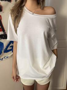 SHEIN Essnce White Casual And Simple Drop Shoulder Women's T-Shirt, Suitable For Summer