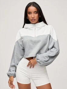 SHEIN BASICS 女式休闲运动拼色连帽长袖短款宽松运动衫 - 淺灰色 - 查看 5