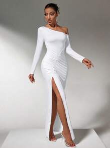 SHEIN SXY Robe longue blanche fendue à épaules dénudées pour femmes avec manches longues d'automne - Blanc - Voir 4