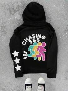 Manfinity Dauomo Áo nỉ trùm đầu tay dài in chữ Y2K Streetwear cỡ lớn cho nam, mùa thu/đông - màu đen - Xem 1