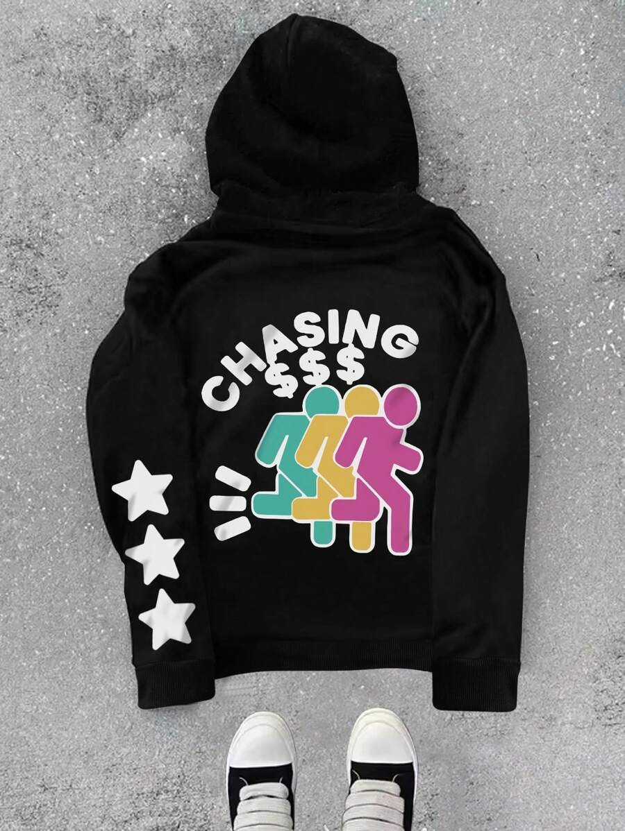 Manfinity Dauomo Áo nỉ trùm đầu tay dài in chữ Y2K Streetwear cỡ lớn cho nam, mùa thu/đông - màu đen - Xem 1