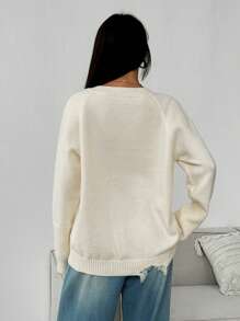 SHEIN Unity Suéter casual de unicolor con mangas raglán desgastado, para otoño/invierno, jersey de punto de otoño - Albaricoque - Ver 2