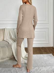 EURMUSE Women Eye And Letter Embroidery Round Neck Long Sleeve Top + Pants Homewear Set - Mocha Brown - View 2