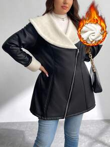 SHEIN Privé 大码优雅蓬松领人造皮革衬里加垫保暖收腰夹克，秋冬款 - 黑色 - 查看 5