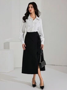 Heiryn 女士纯色水钻装饰前扣优雅长袖衬衫