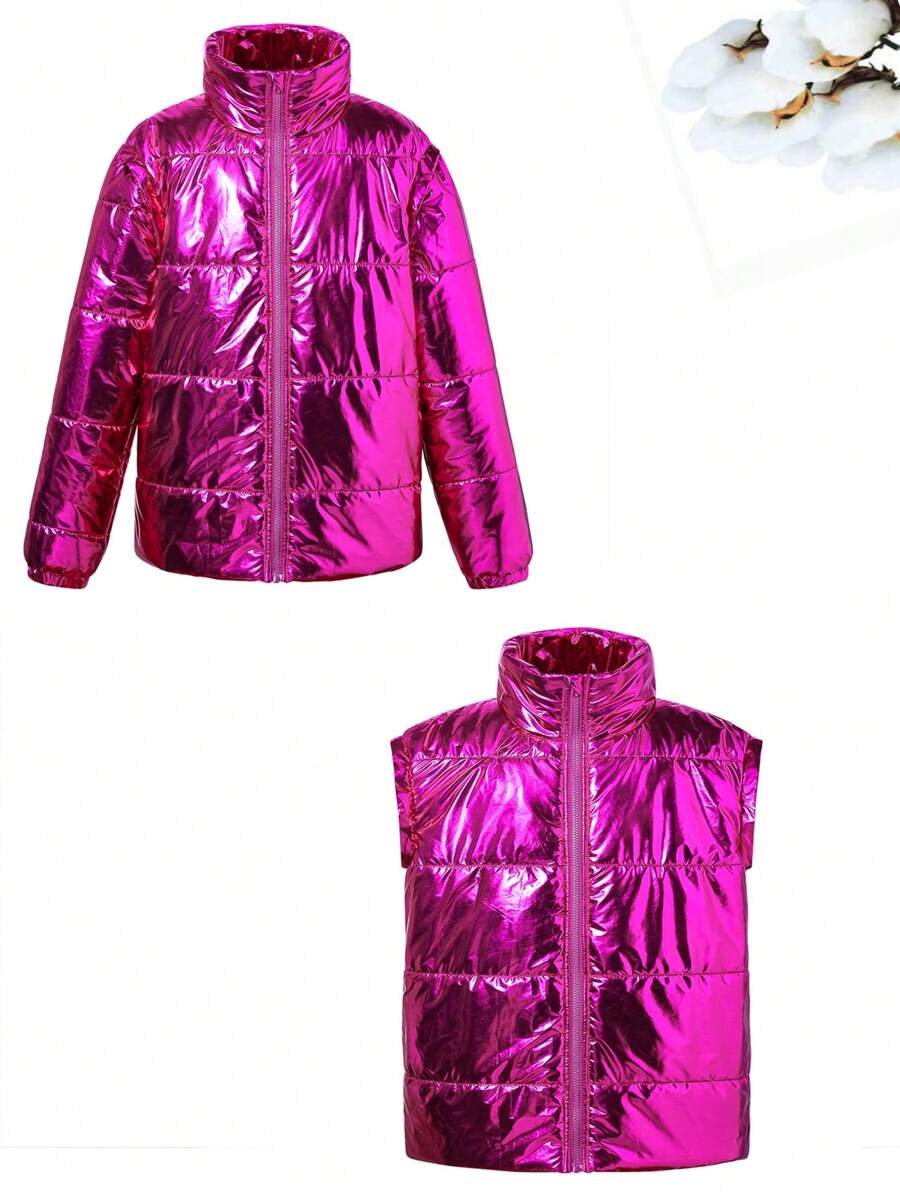 Removable Sleeve Collared Casual Padded Coat, Teen Girl's Versatile Simple Style - Multicolor - View 1