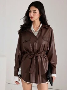 Heiryn 女式秋季蝙蝠袖长袖 PU 皮革腰带实用夹克 - 卡其色 - 查看 5