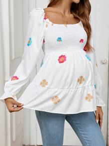 SHEIN Maternity Floral Print Ruffle Collar & Hem Long Sleeve Blouse - White - View 1