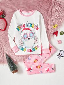 2pcs/Set Girls' Minimalist Fashion Christmas Pattern Long Sleeve Top & Snug Fit Pants Pajama Set - Multicolor - View 3
